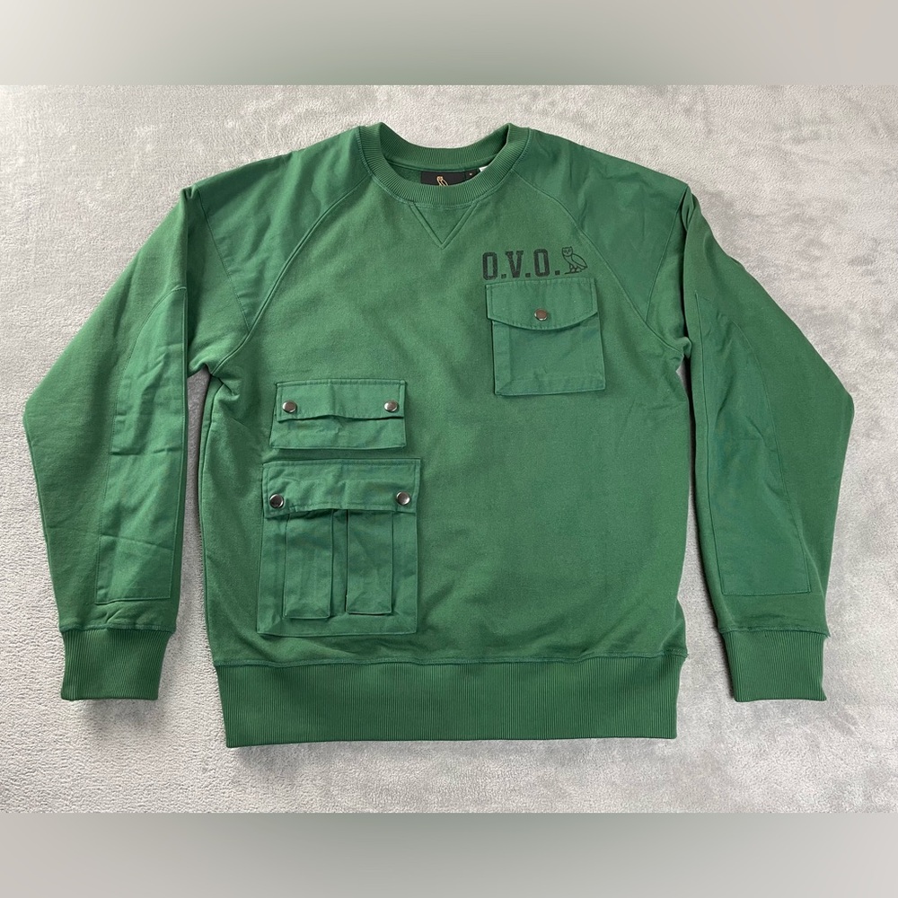 OVO October's Very Own Owl Crewneck Sweatshirt size M Medium Green, Snap Pockets
